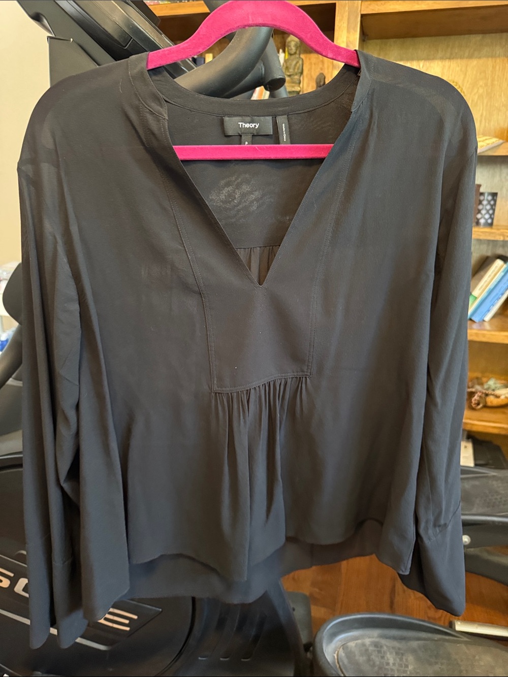 Theory Black V-Neck Gathered 100% Silk Long Sleeve Blouse
